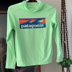 Patagonia Bright Neon Green Kids Hoodie with Colorful Wave Logo